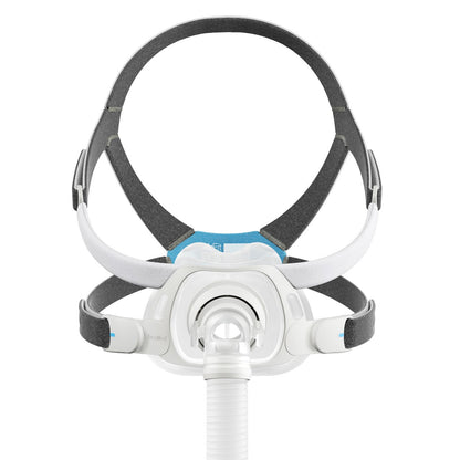 Front view of the ResMed AirFit F40 full face mask, with grey headgear and a short tube below