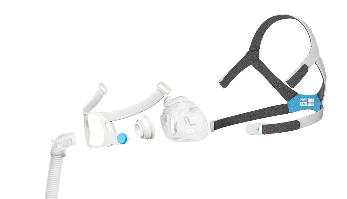 Exploded view of the AirFit F40 parts: short tube and elbow, frame, vent ring, cushion and headgear