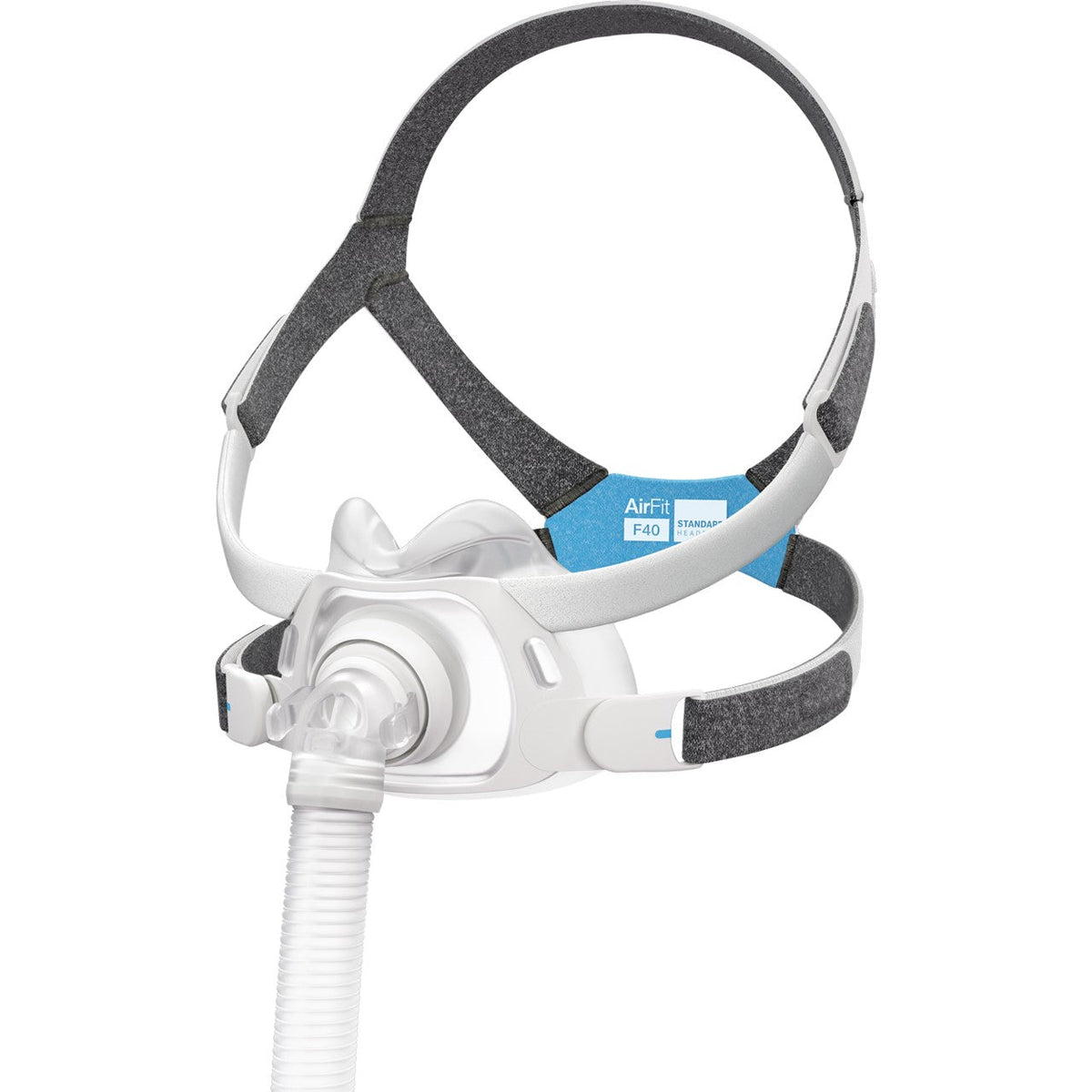 Angled view of the AirFit F40 showing the under-nose cushion, padded frame and blue headgear label