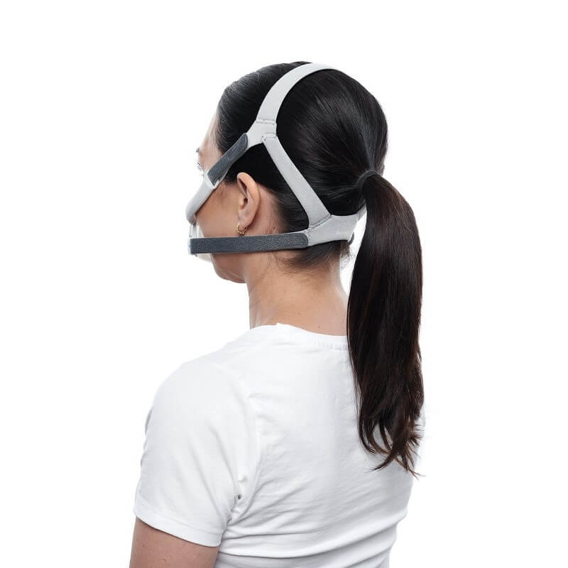 Back view of a woman wearing the AirFit F40, showing the crown strap and lower headgear straps