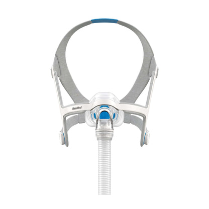 Front view of the ResMed AirFit N20 nasal mask, with its grey headgear and blue crown strap