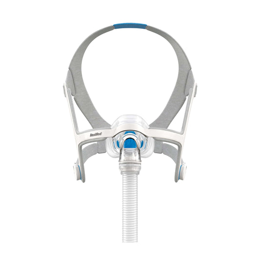 Front view of the ResMed AirFit N20 nasal mask, with its grey headgear and blue crown strap