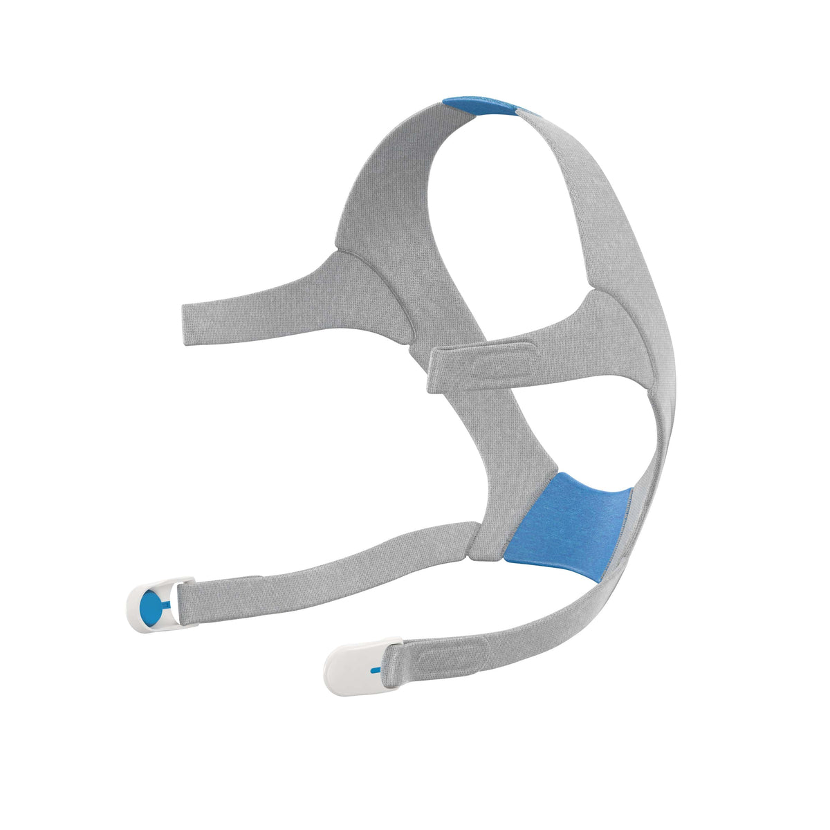 View of the AirFit N20 plush headgear on its own, with blue accents and both magnetic clips attached