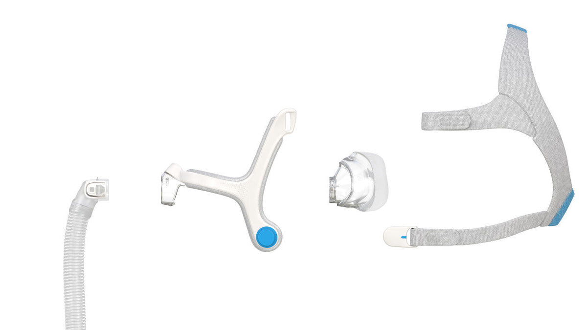 Exploded view of the AirFit N20 parts: short tube with elbow, frame, silicone cushion and headgear