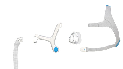 Exploded view of the AirFit N20 parts: short tube with elbow, frame, silicone cushion and headgear