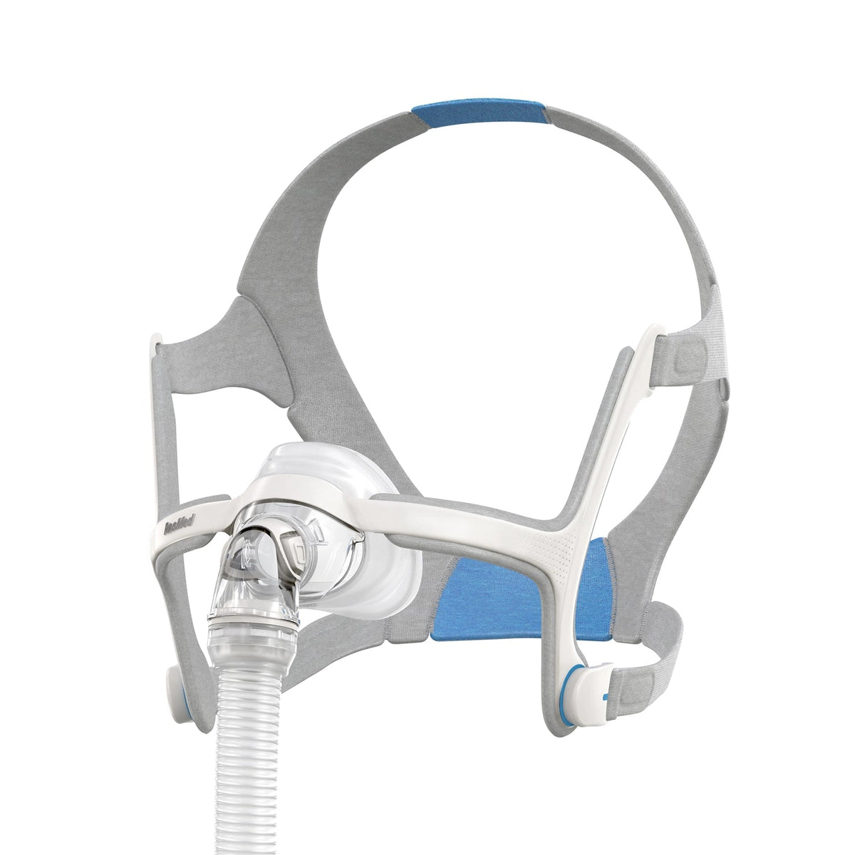 Angled view of the AirFit N20 showing the padded frame, quick-release elbow and blue lower headgear strap