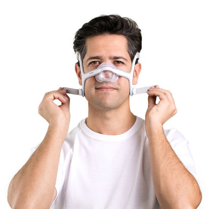 Photo of a man fitting the AirFit N20 from the front, holding both lower straps out to the sides