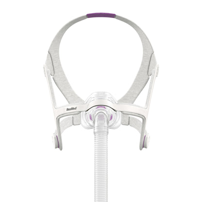 Front view of the ResMed AirFit N20 For Her nasal mask, with lavender accents on its grey headgear