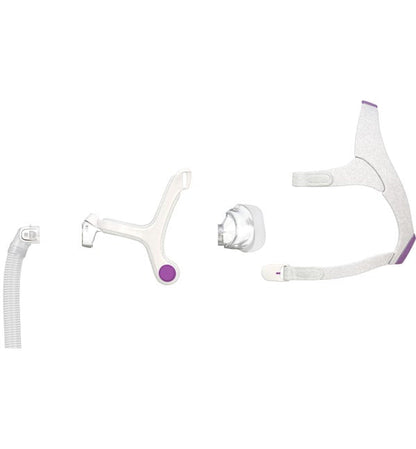 Exploded view of the AirFit N20 For Her parts: short tube with elbow, frame, cushion and lavender headgear