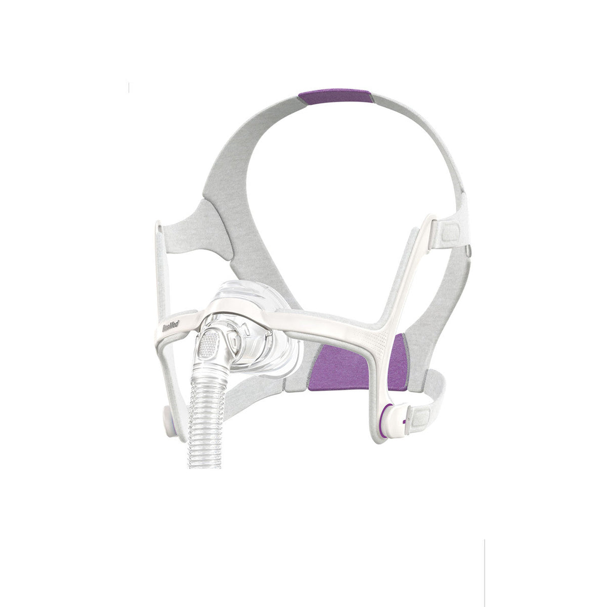 Angled view of the AirFit N20 For Her showing the padded frame, elbow and lavender lower headgear strap