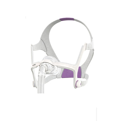 Angled view of the AirFit N20 For Her showing the padded frame, elbow and lavender lower headgear strap
