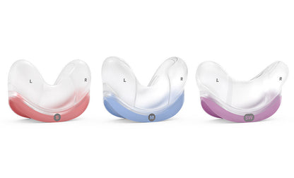 View of the three AirFit N30 cushion sizes side by side, colour coded red, blue and purple