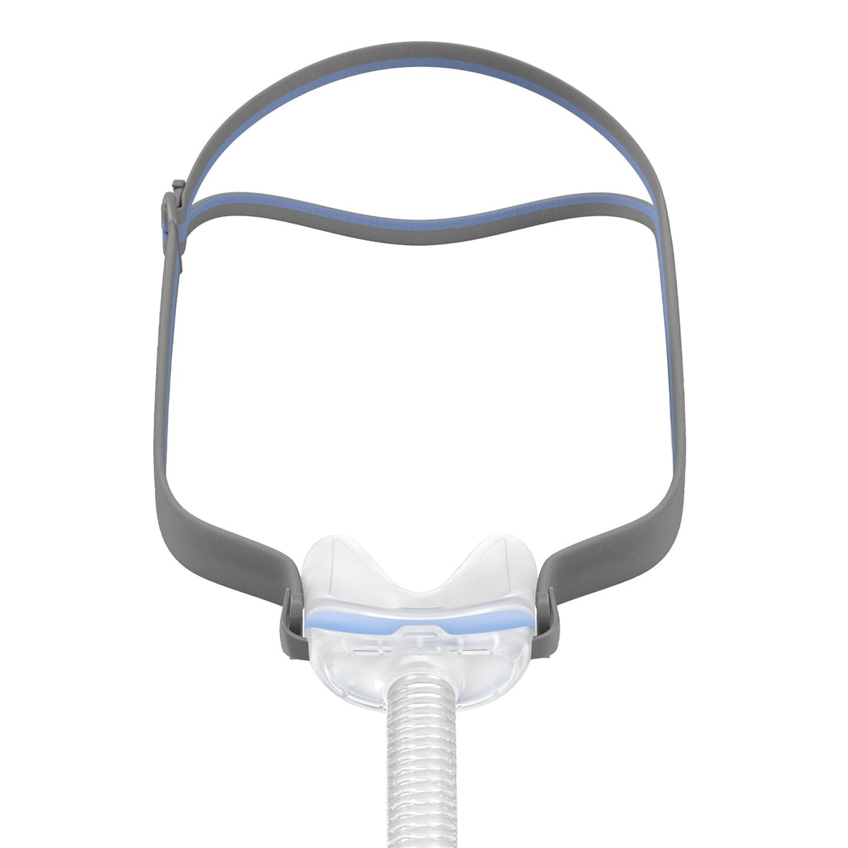 Front view of the ResMed AirFit N30, its cradle cushion sitting below a grey split headgear strap
