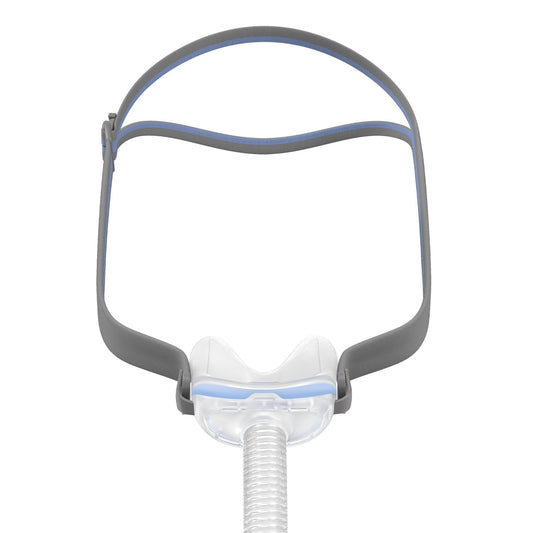 Front view of the ResMed AirFit N30, its cradle cushion sitting below a grey split headgear strap