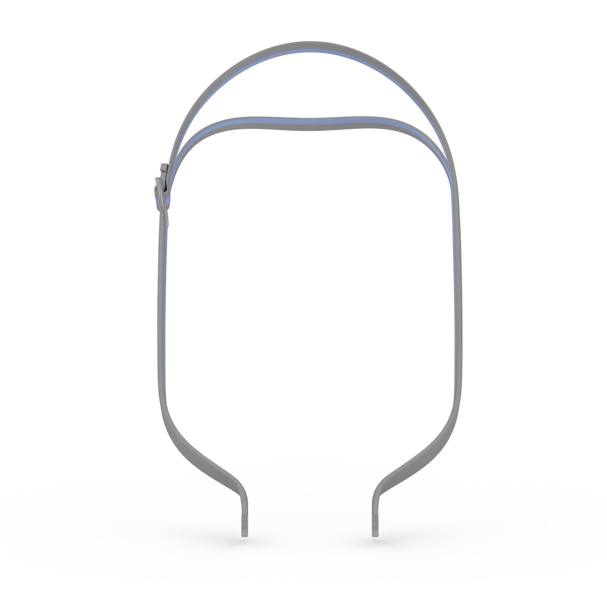 View of the AirFit N30 QuickFit headgear on its own, a grey split strap with a blue stripe