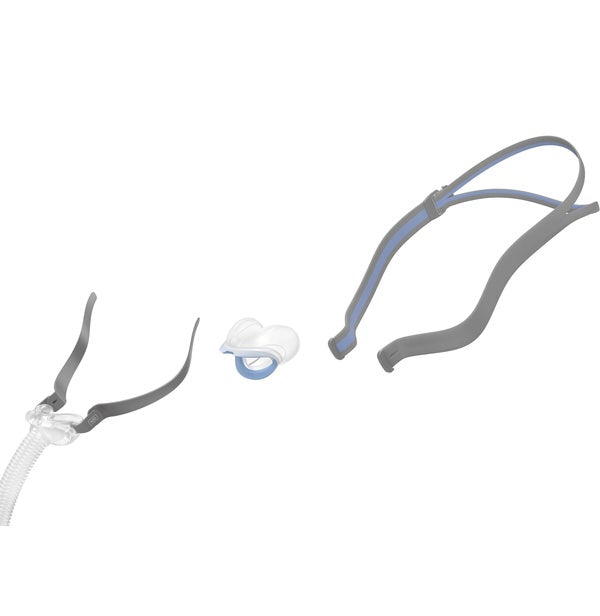 View of the AirFit N30 taken apart into its three parts: frame with tube, cushion and headgear