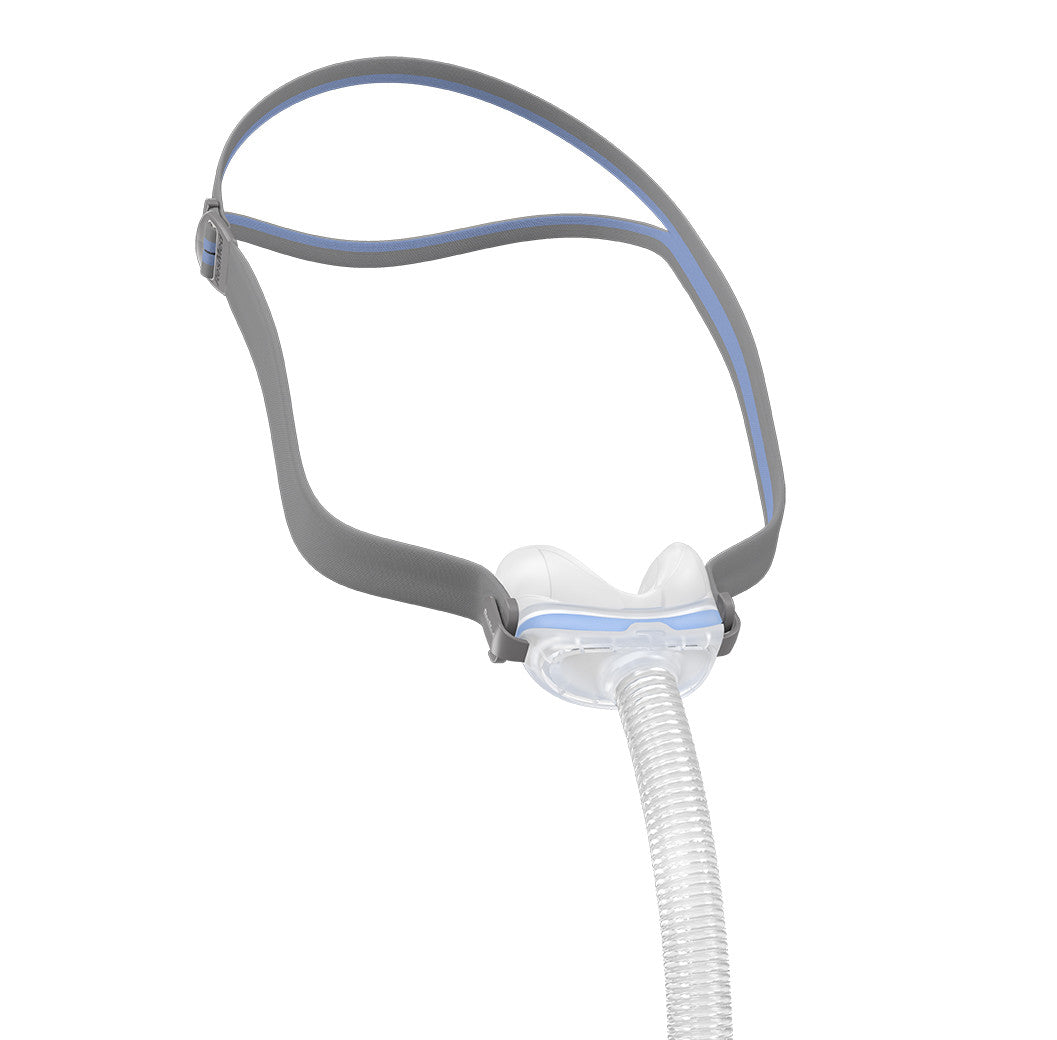 Angled view of the AirFit N30 showing the cradle cushion, the short front tube and the grey headgear