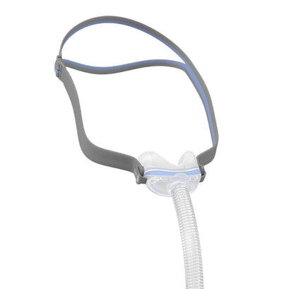 Angled view of the AirFit N30 showing the cradle cushion, the short front tube and the grey headgear