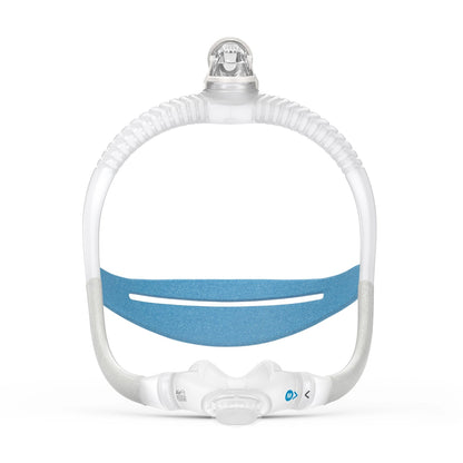 Front view of the ResMed AirFit N30i, its clear frame arching over a blue headgear strap to the cradle cushion