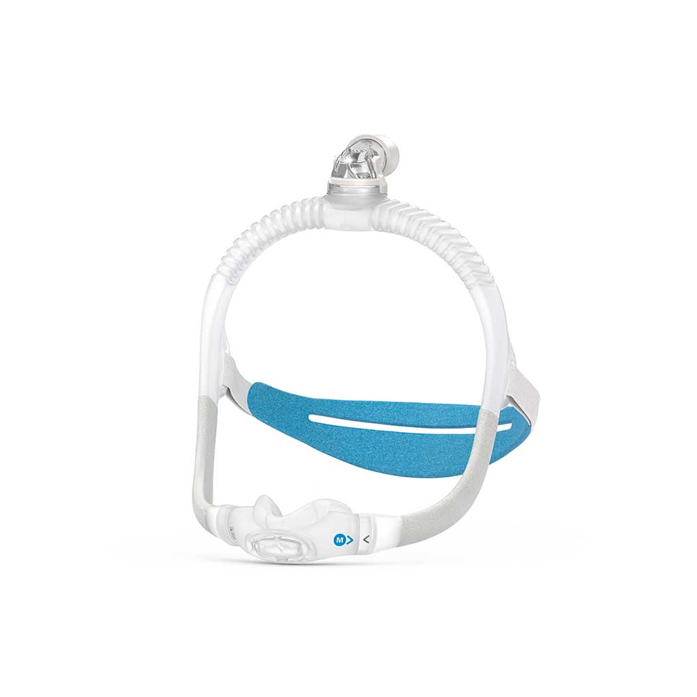 Angled view of the AirFit N30i showing the cradle cushion, the frame and the elbow on top
