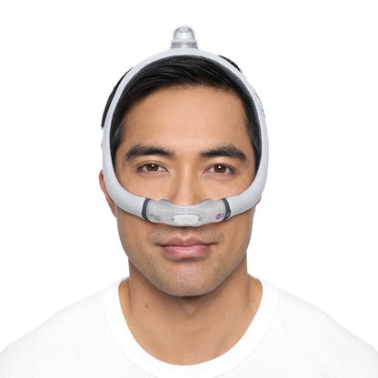 Photo of a man wearing the AirFit N30i from the front, the cradle cushion sitting under his nose