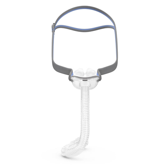 Front view of the ResMed AirFit P10 nasal pillows mask, with its grey and blue headgear and short clear tube