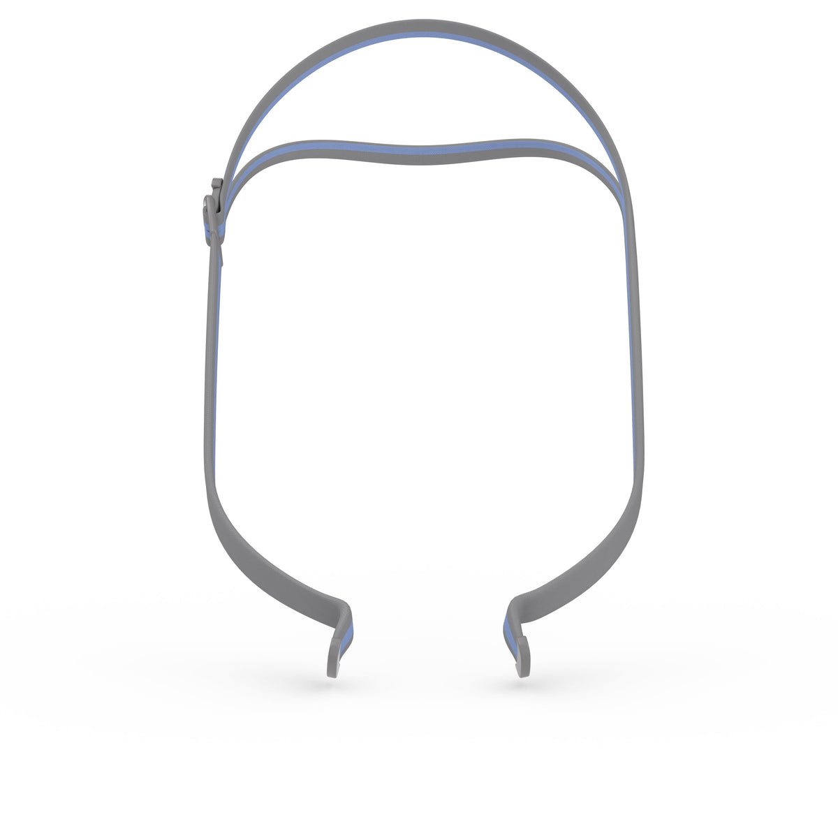 View of the AirFit P10 QuickFit headgear on its own, grey with a blue stripe along the split straps