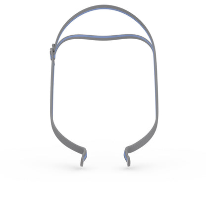 View of the AirFit P10 QuickFit headgear on its own, grey with a blue stripe along the split straps