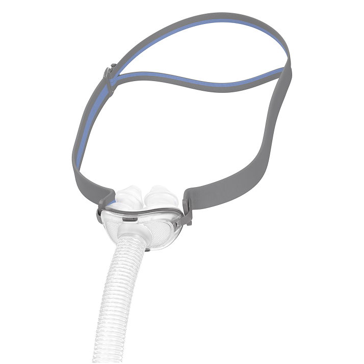Angled view of the AirFit P10 from the right, showing the split headgear straps and the pillows