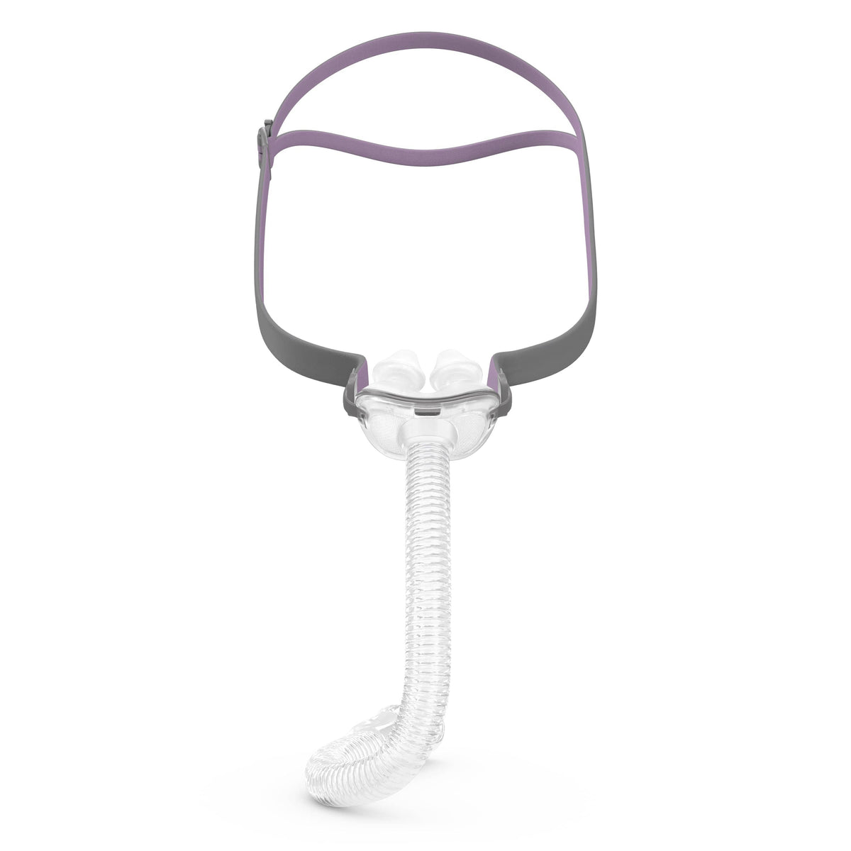 The AirFit P10 For Her seen from the front, its headgear trimmed in lavender around the same pillows