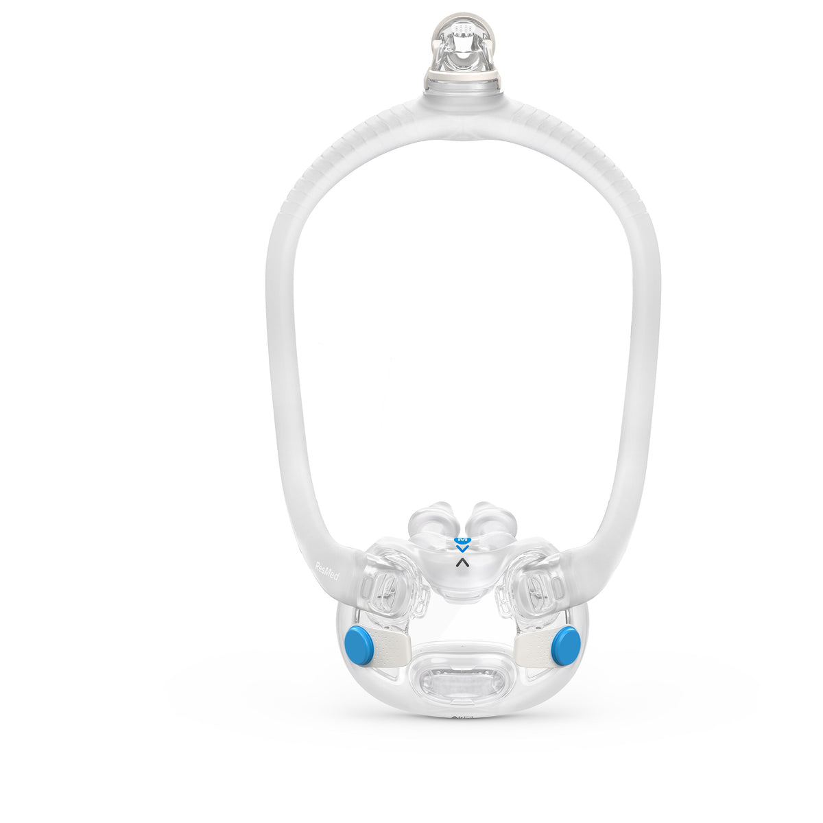 View of the AirFit X30i flexible frame with cushion attached, showing the blue magnet points and top elbow