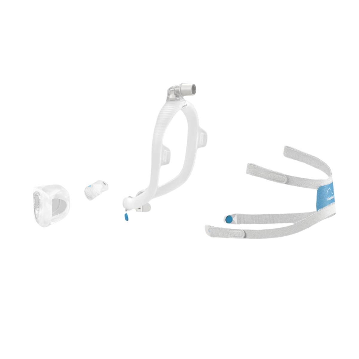 Exploded view of the AirFit X30i parts: elbow, frame, pillows, mouth cushion and headgear