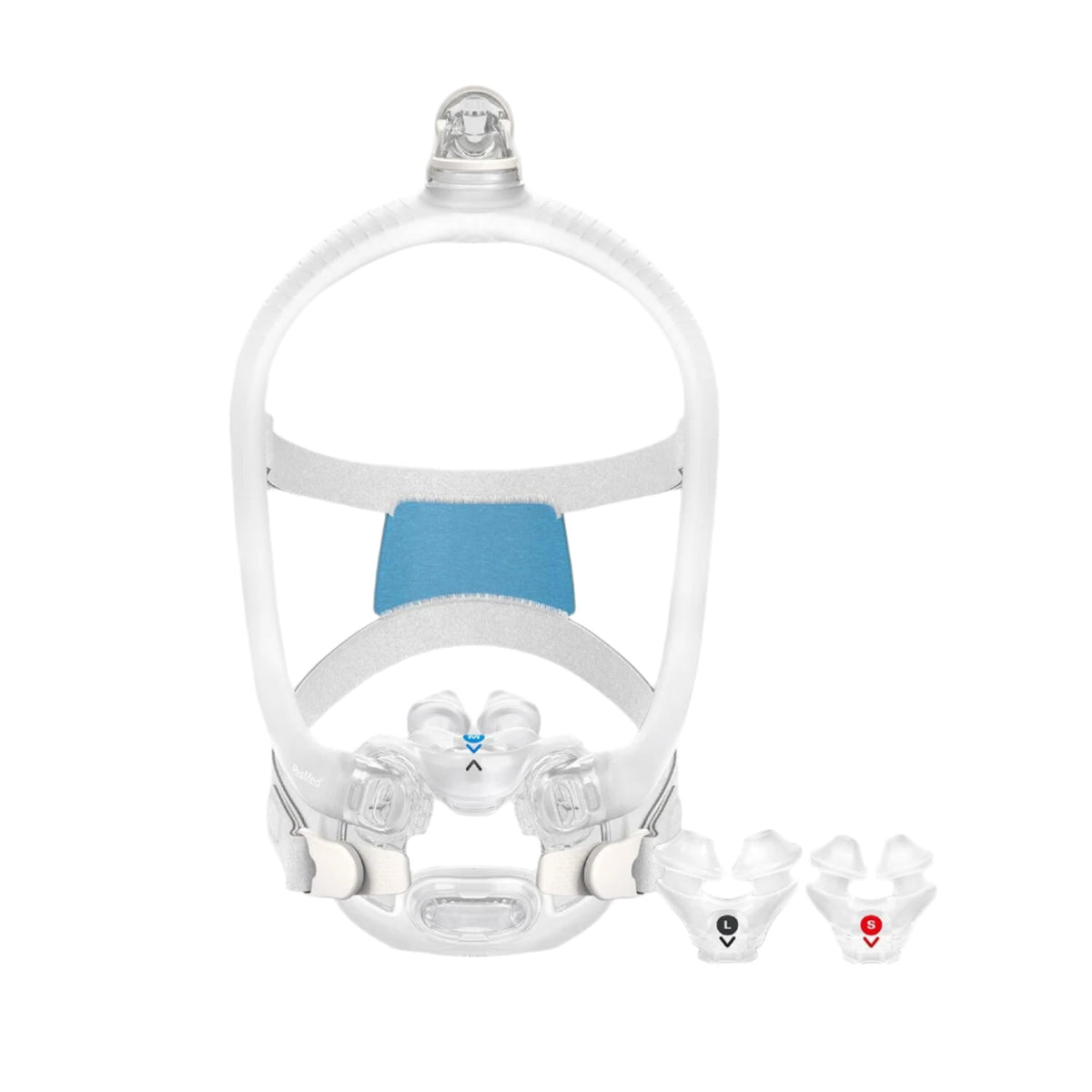 Front view of the AirFit X30i beside its spare nasal pillows, showing the three pillow sizes in the box