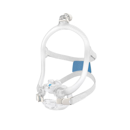 AirFit X30i seen from an angle, with its nasal pillows, mouth cushion, magnetic clips and headgear