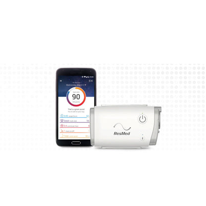 The AirMini AutoSet beside a phone showing the AirMini app and last night's sleep score