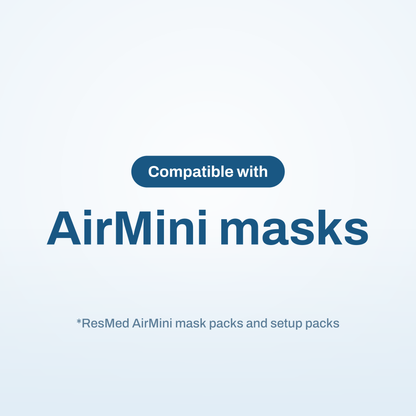 Compatibility infographic: the AirMini AutoSet works with ResMed AirMini mask packs and setup packs
