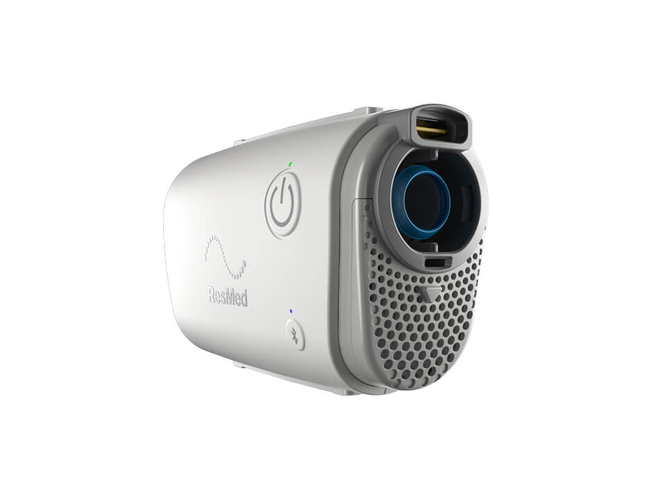 Angled view of the AirMini AutoSet showing the round air outlet and the vent grille on its end