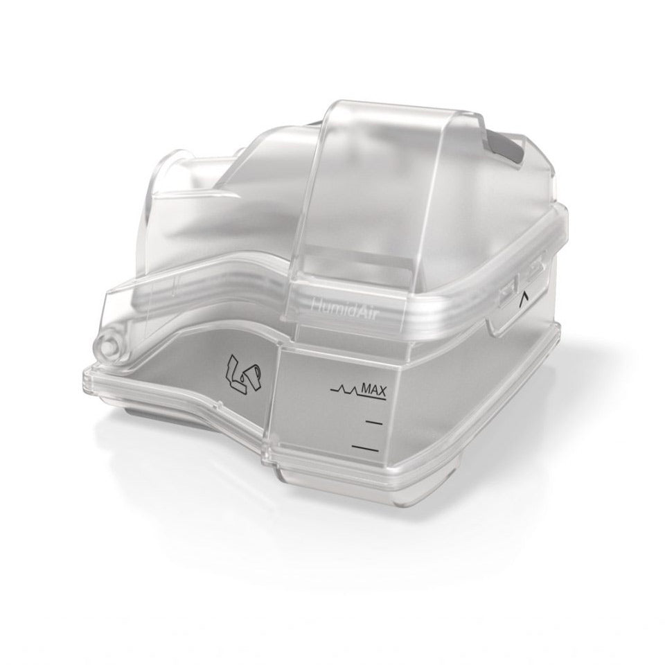 Side view of the HumidAir water tub for the AirSense 10 with its maximum fill line marked
