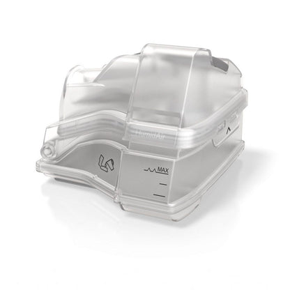 Side view of the HumidAir water tub for the AirSense 10 with its maximum fill line marked