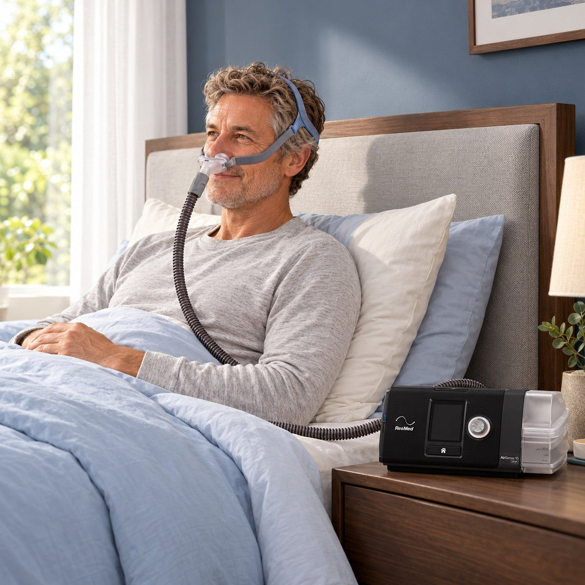 Man resting in bed wearing a nasal mask, with the AirSense 10 AutoSet on the bedside table beside him