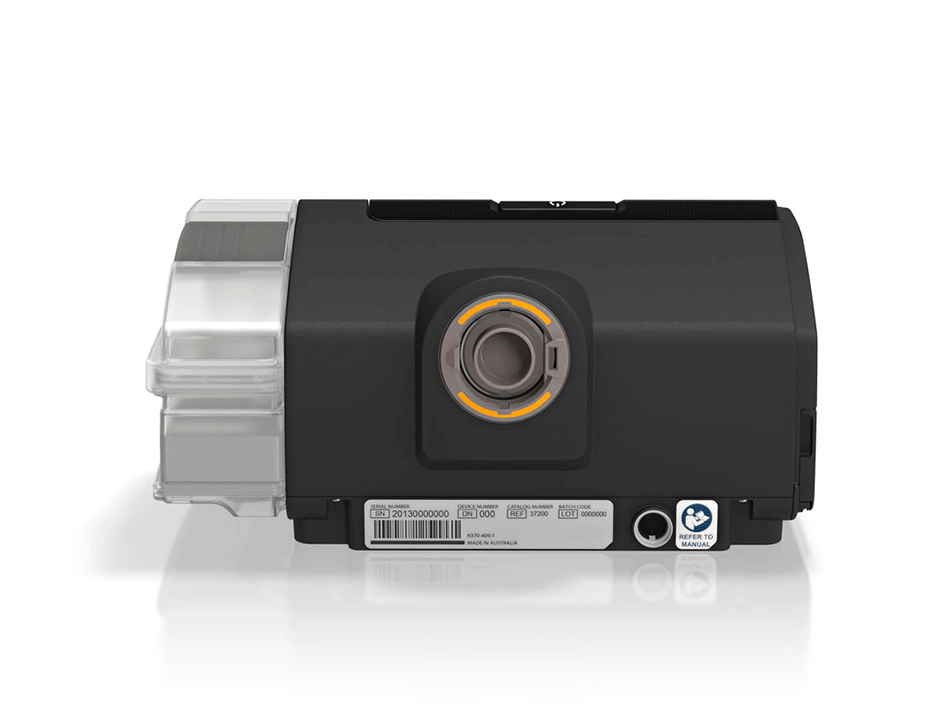 Rear view of the AirSense 10 AutoSet showing the air outlet where the ClimateLineAir tube connects
