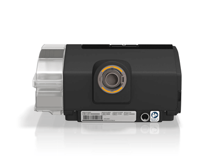 Rear view of the AirSense 10 AutoSet showing the air outlet where the ClimateLineAir tube connects