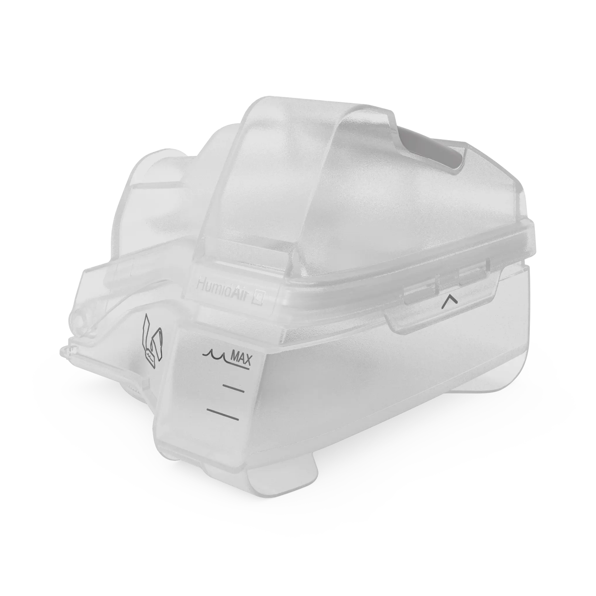 Front three-quarter view of the clear HumidAir cleanable water tub for AirSense 10, with the C badge on the lid