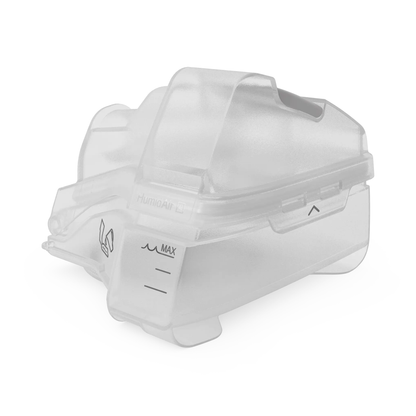 Front three-quarter view of the clear HumidAir cleanable water tub for AirSense 10, with the C badge on the lid