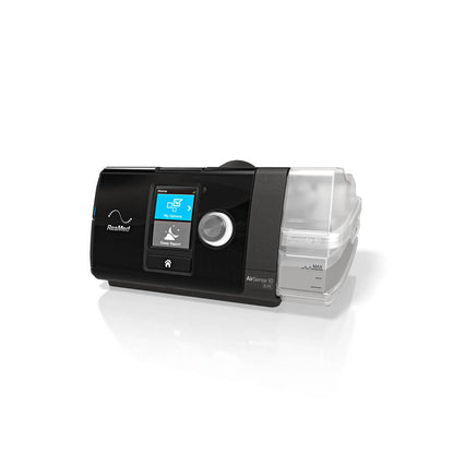 Angled view of a ResMed AirSense 10 Elite with the HumidAir cleanable water tub seated in its side