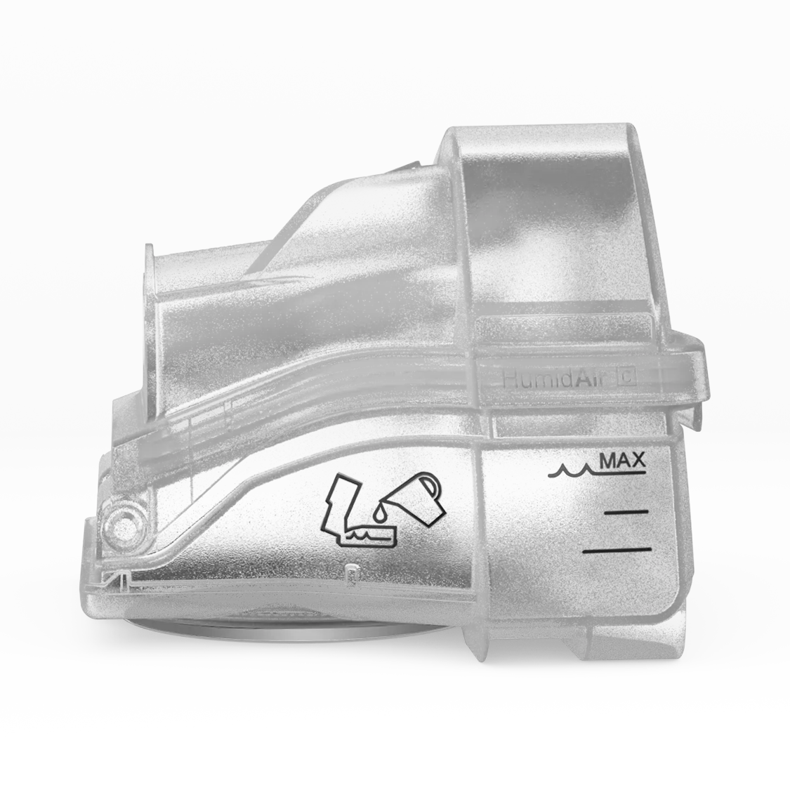 Side profile of the HumidAir cleanable water tub for AirSense 10, with the fill line and the pour symbol
