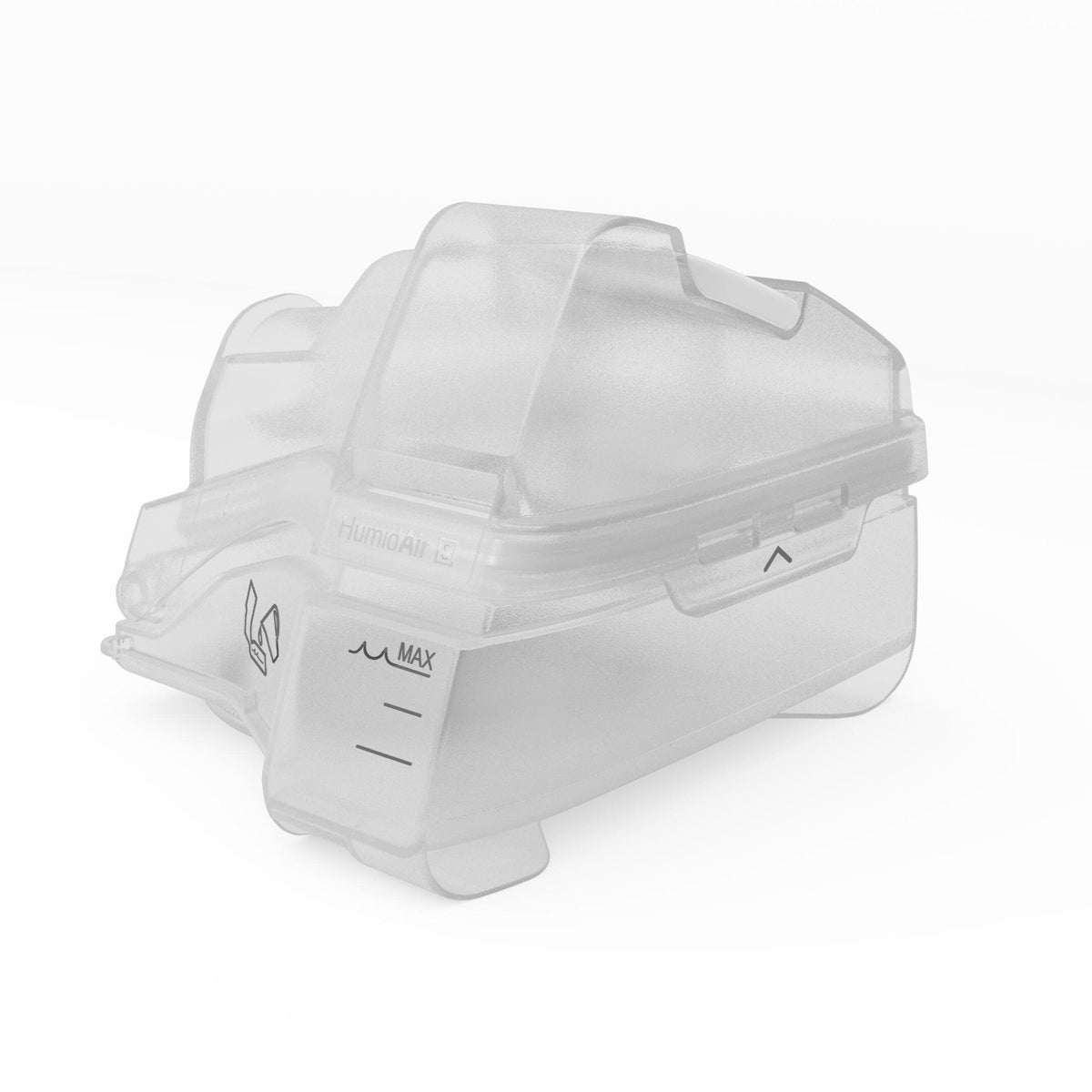 Front three-quarter view of the ResMed HumidAir standard water tub for AirSense 10, with the S badge on the lid