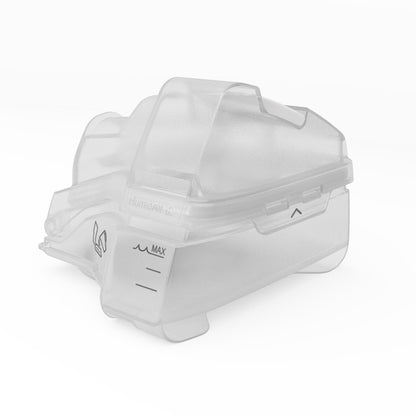 Front three-quarter view of the ResMed HumidAir standard water tub for AirSense 10, with the S badge on the lid