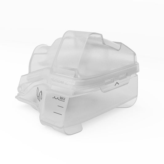 Front three-quarter view of the ResMed HumidAir standard water tub for AirSense 10, with the S badge on the lid