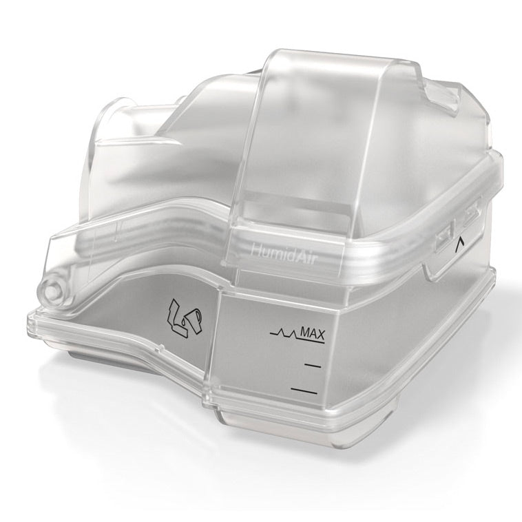 Angled view of the clear HumidAir standard water tub for AirSense 10, showing the lid and the maximum fill line